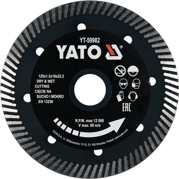 Диск відрізний діамант по кераміці Turbo YATO 125x1,3х10х22,2 мм (YT-59982)